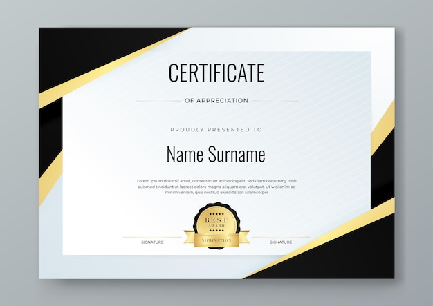 Gold white and black modern certificate template for corporate achievement diploma award graduation completion appreciation acknowledgement recognition etc