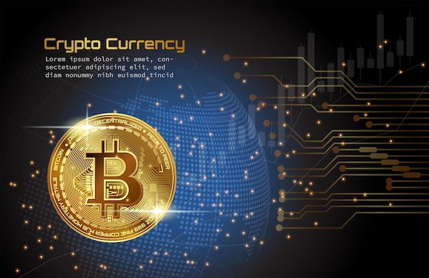 Golden bitcoin cryptocurrency above blue dotted digital globe background with digital circuit
