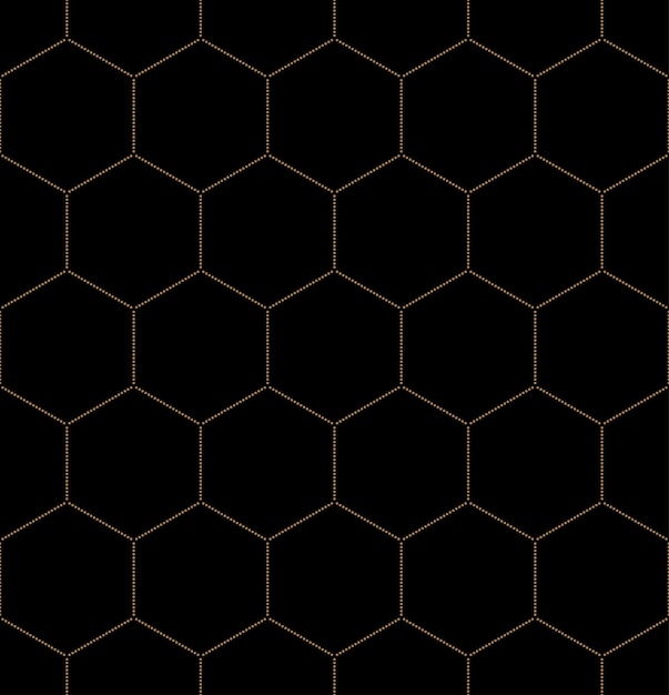 Golden honeycomb seamless pattern graphic with dots over black background