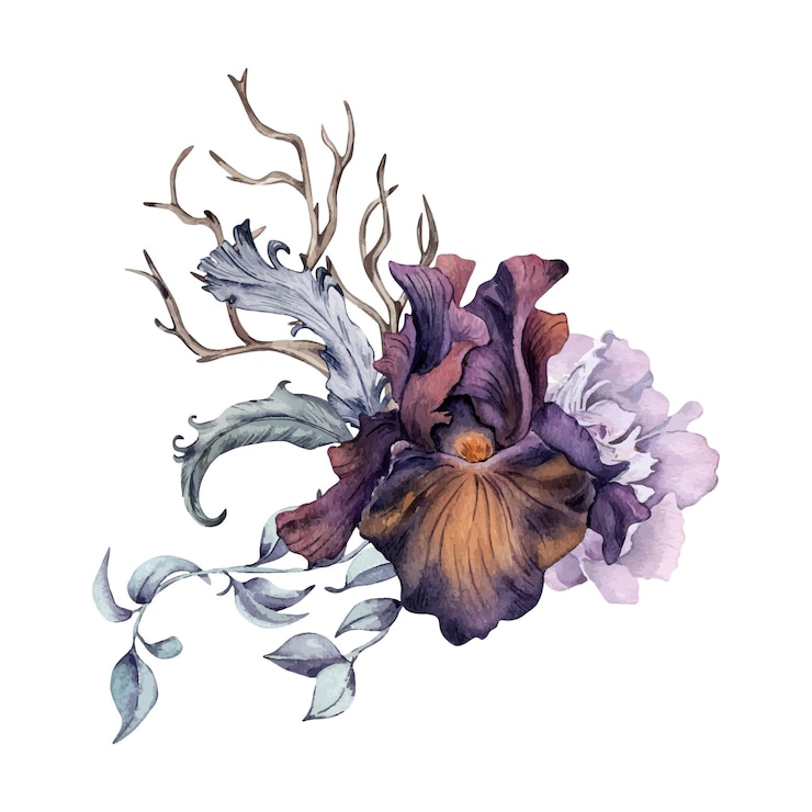 Vektor gothic floral illustration hand drawn black iris flowers and leaves watercolor isolated on white botanical decoration with snag branch and feathers for dark party element for invitation printing