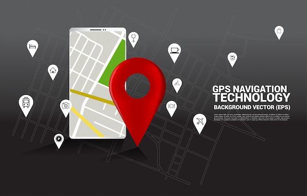 GPS pin marker and map in mobile phone application. concept of location and facility place , GPS technology