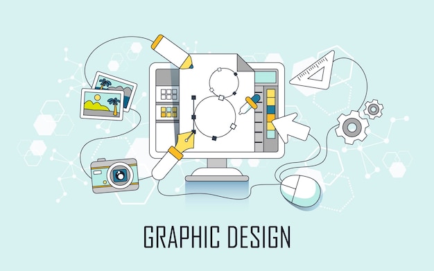 graphic design concept: computer and design elements in line style