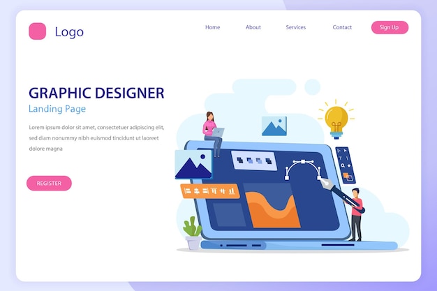 graphic design concept digital designers team drawing with pen on computer monitor flat vector template style suitable for web landing pages