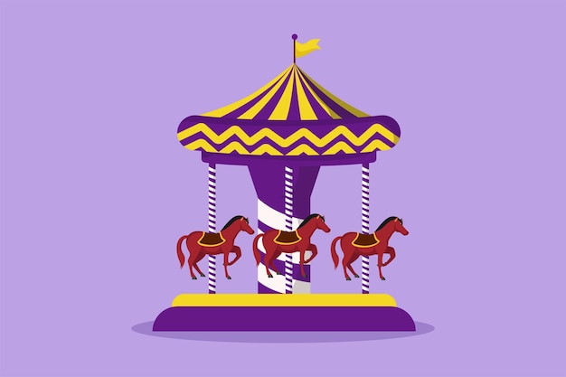 graphic flat design drawing of colorful horse carousel in an amusement park spinning in circle under striped tent with a flag on it play on funfair outdoor festival cartoon style vector illustration
