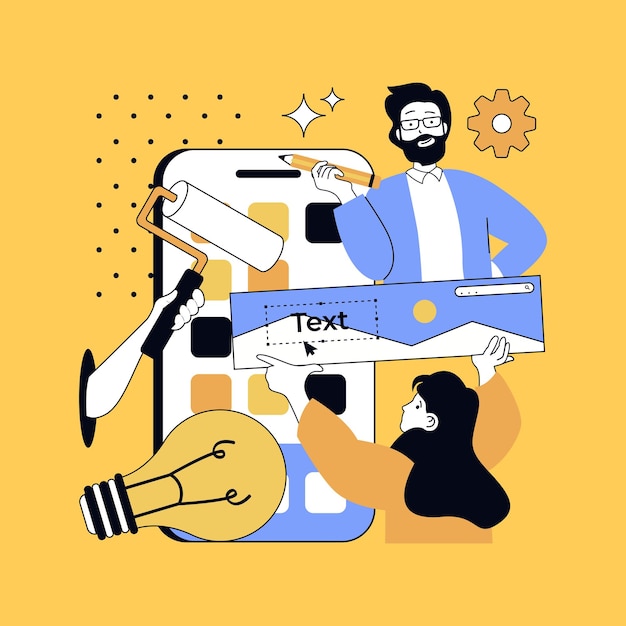 Graphic web design concept for modern website design People creating layouts and templates finding best visual ideas coding on platform working with colours and elements Vector illustration