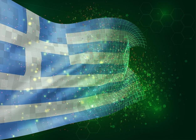 greece, on vector 3d flag on green background with polygons and data numbers