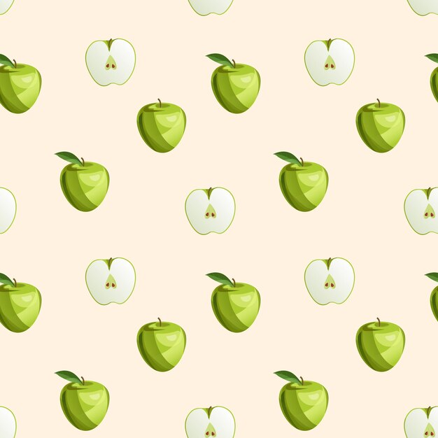 Green apple fruit and leaves seamless pattern Food background Vector cartoon flat illustration