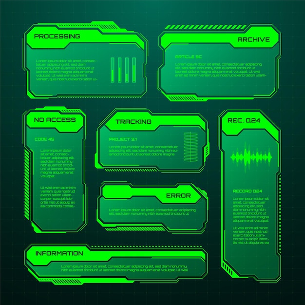 Green futuristic hud ui elements scifi user interface text boxes callouts warning message frames