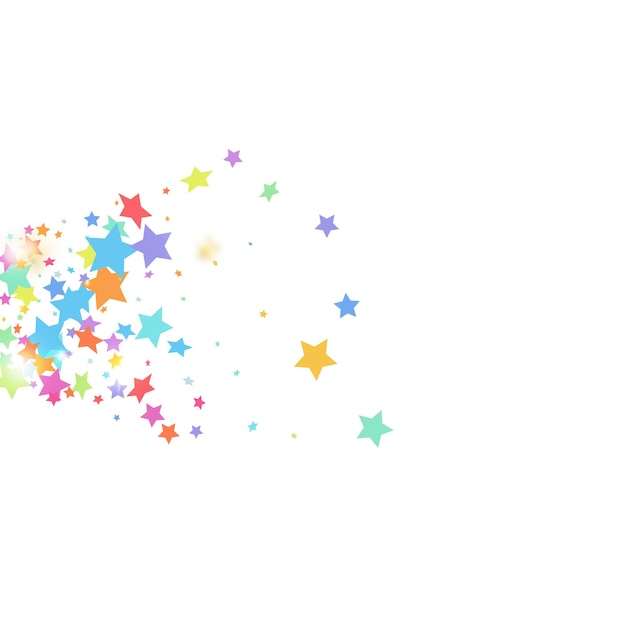 Green, red, yellow,pink star confetti on white background.  Flying shiny sparkle particles. Abstract vector colorful confetti. Birthday party backdrop. Christmas card template