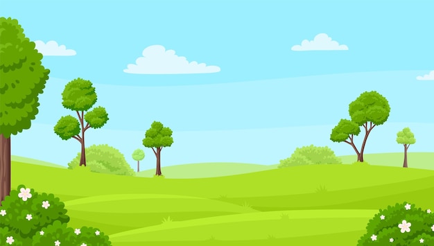 green tree on hill landscape fields or park beautiful meadow with blossom bushes cartoon morning and clouds on blue sky nature view garish vector background