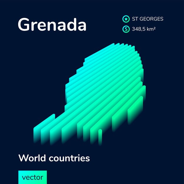 grenada 3d map  stylized neon simple digital isometric striped vector  map is in turquoise colors