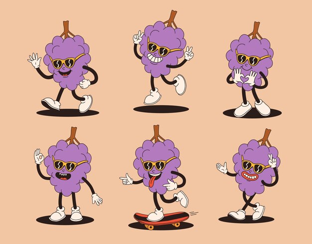 Groovy grape mascot in different poses Funky retro character Set of cartoon grapes