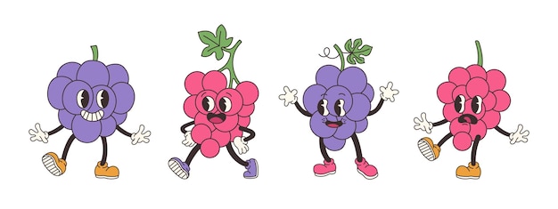 Groovy grape set Hand draw Funny Retro vintage trendy style apple cartoon character illustration