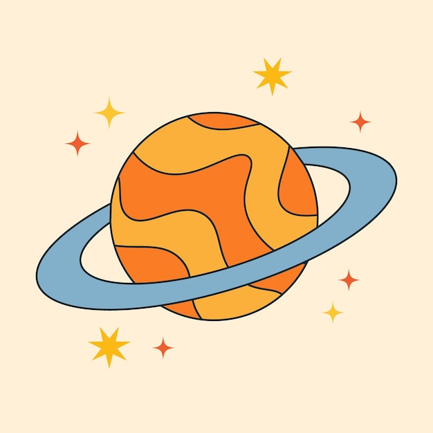 groovy retro 70s card with planet space stars abstract background social media post design