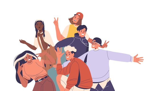 Group Of Friends Poses Together Showing Joy And Unity Through Bright Smiles And Playful Gestures