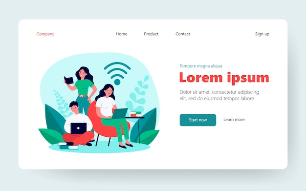 Group of students with laptops and books doing task. Studying together, team, project. Flat vector illustration. Education, wireless connection concept for banner, website design or landing web page