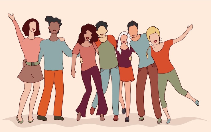 Vektor group young friends hugging and smiling having fun diversity people team community cooperation