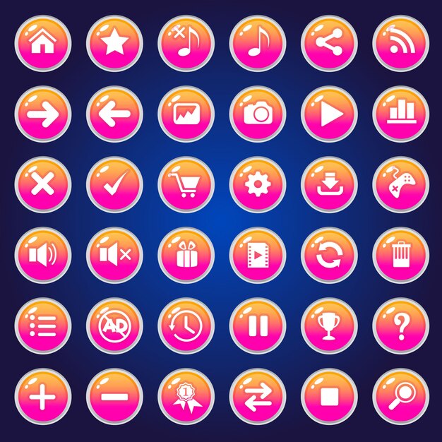 GUI buttons icons set for game interfaces color pink.