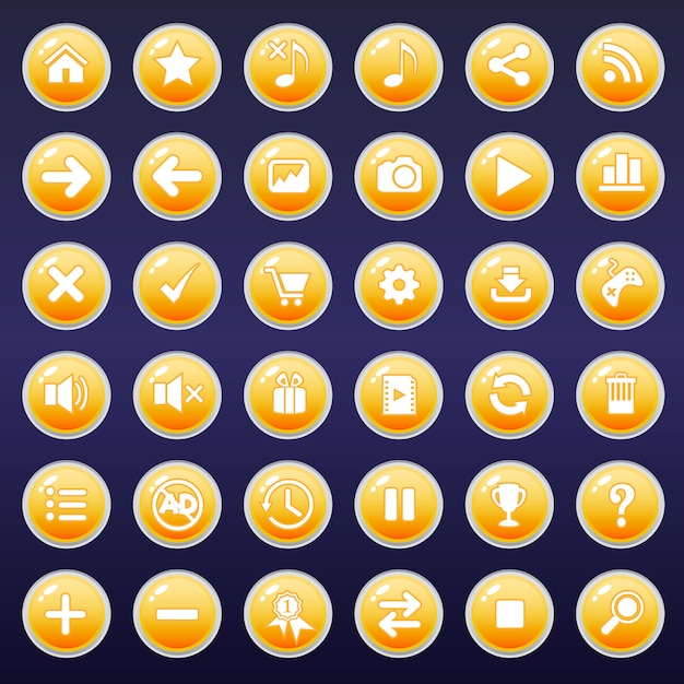 GUI buttons icons set for game interfaces color yellow.