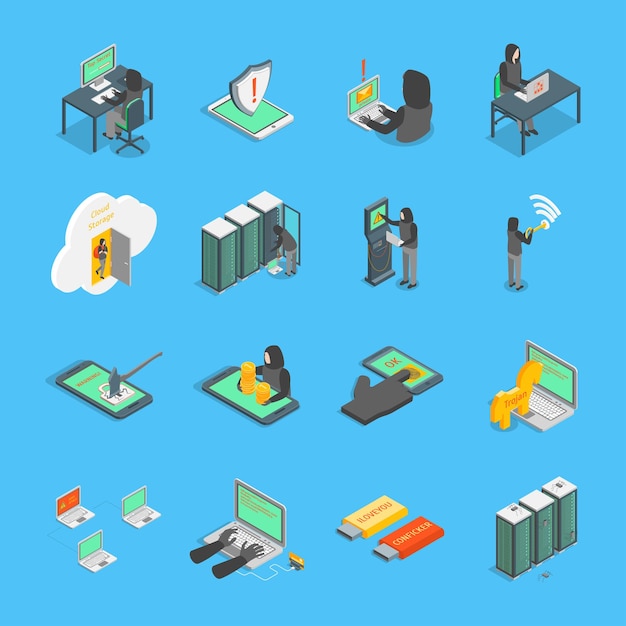 Hacker Signs 3d Icons Set Isometric View on a Blue Include of Computer Virus Money Spy and Mobile Vector illustration of Icon