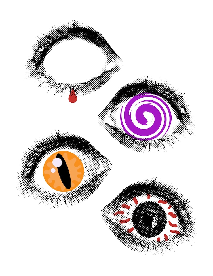 Vektor halftone eyes collage set for halloween mixed media design frightened bewitched human and monster eyes trendy dotted vector illustration isolated on transparent background