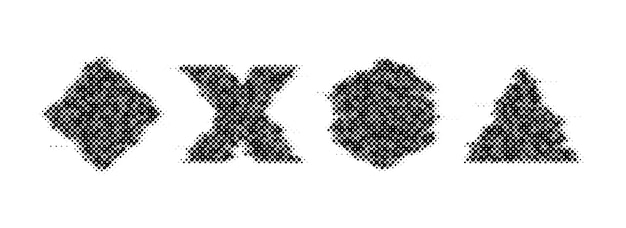 halftone glitch geometric shapes set dotted cross square triangle and triangle elements black noise