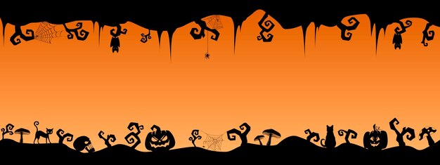 Halloween horizontal pattern creepy branches and cobwebs pumpkins and bats Vector design