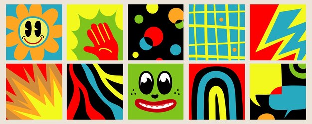 Hand drawn Abstract shapes funny cute Comic characters Big Set of Different colored Vector illustartions Cartoon style Flat design All elements are isolated Square Posters logo Templates