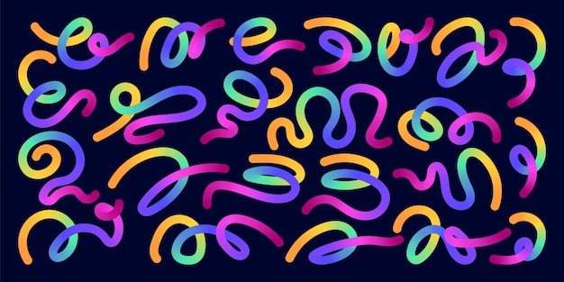 Hand drawn abstract wavy lines and scribble futuristic sketches with vibrant colors on a black