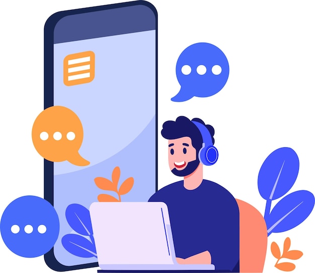 Hand Drawn Call center characters with smartphones in the concept of online support in flat style isolated on background