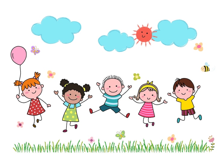 Vektor hand drawn cartoon kids jumping together outdoor