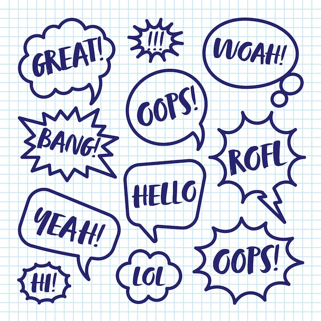 Hand drawn comic speech bubbles on checkered paper sheet school notebook for drawing simple retro
