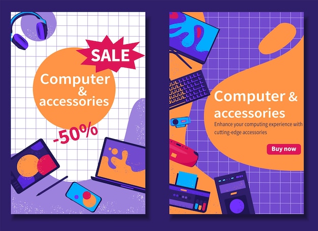 Hand drawn flat computer accessories vertical banner template set collection