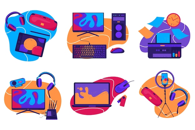 Hand drawn flat computing mini composition set collection with computer accessories