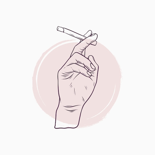 Hand drawn hand holding cigarette in line art style