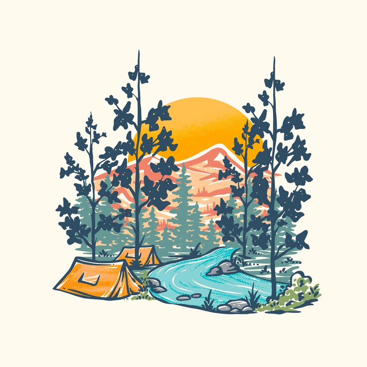 Vektor hand drawn illustration camping by the river