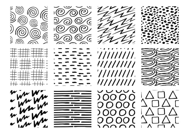 Hand drawn ink texture set Seamless abstract vector backgrounds in black and white Doodle backgrounds