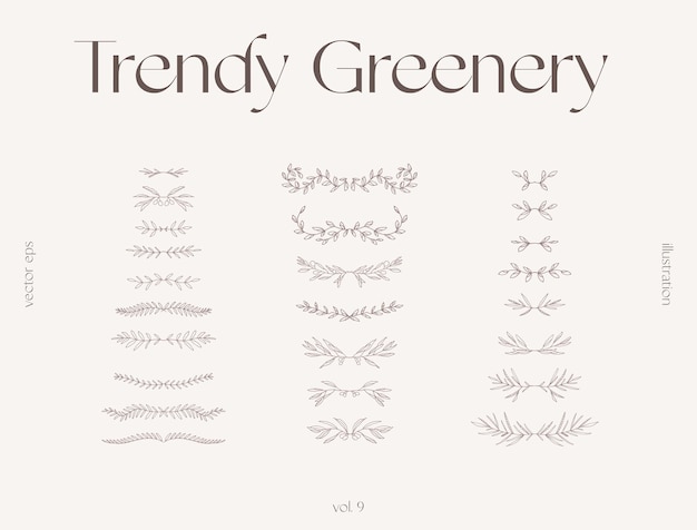 hand drawn one line floral elements, trendy greenery, botanical drawings, decorative branches