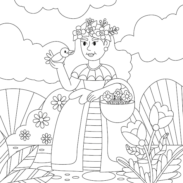 Hand drawn princess coloring page illustration