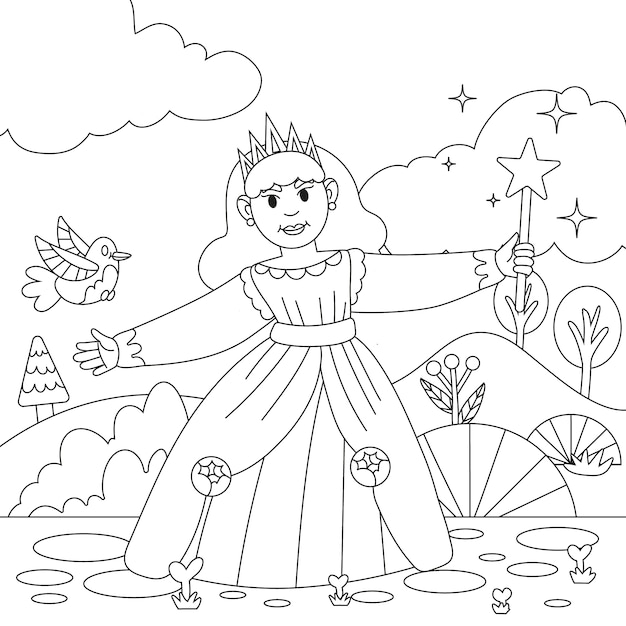 Hand drawn princess coloring page illustration