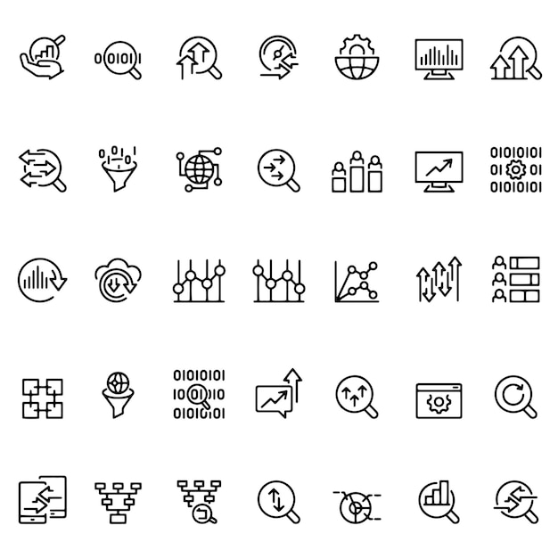 Hand drawn vector drawing Data analysis icon set Black and White sketch transparent background