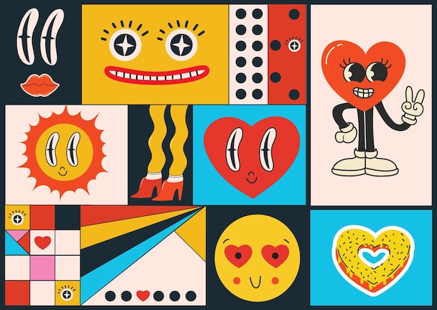 Hand drawn Vector illustrations of Set of Various retro patches pins stamps or stickers with abstract funny cute comic characters