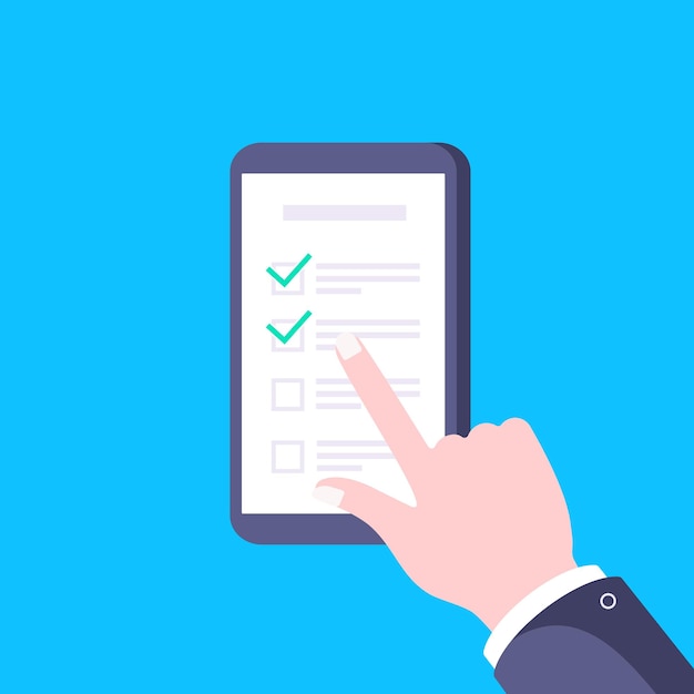 hand holds smartphone with complete checklist with check marks tick icon vector illustration