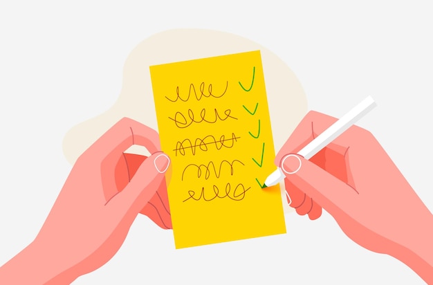 Hand makes a todo list on yellow paper Reminder sticker Modern flat style Isolated on white background
