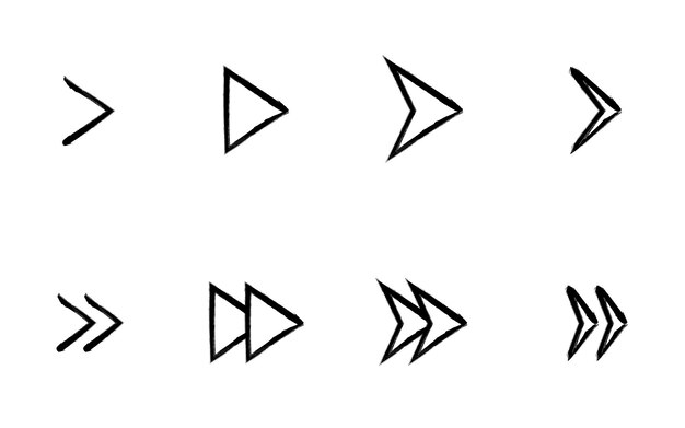 Handdrawn black and white cute and simple set of arrow icons triangle playback fast forward