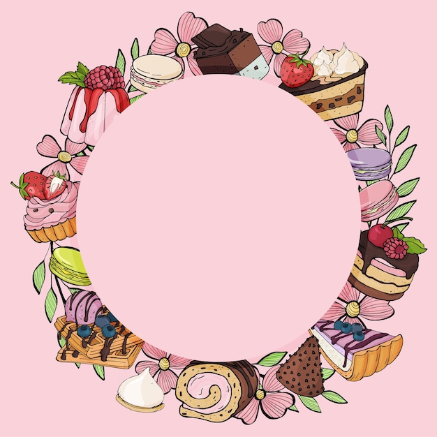 handdrawn set of different desserts arranged in a circle and a place for your text