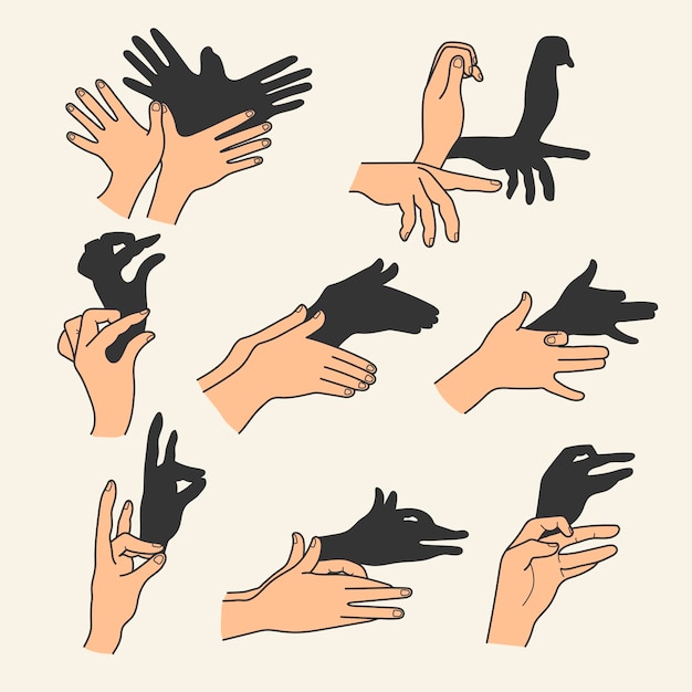 Hands gestures shadow Antique gaming puppets from hands different theatral action animals bear rabbit birds recent vector symbols