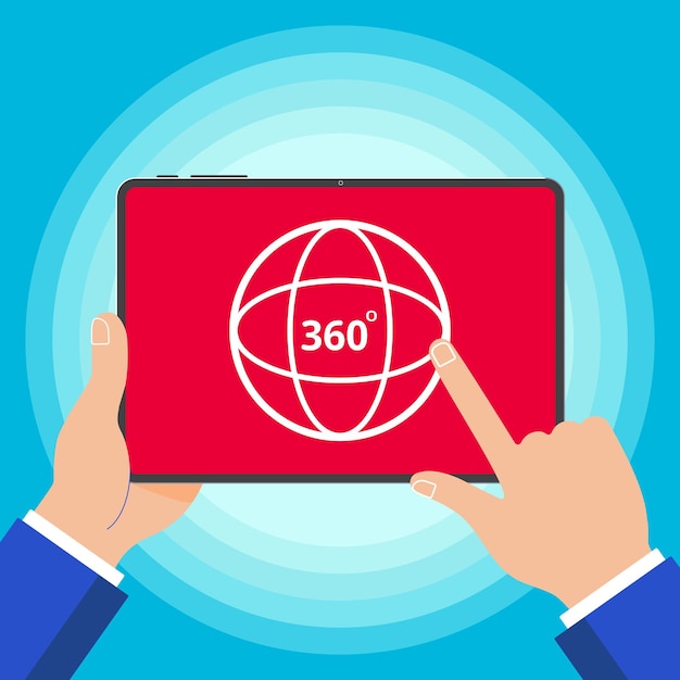 Hands holding tablet device with 360 degrees angle icon sign on the screen outline flat design style