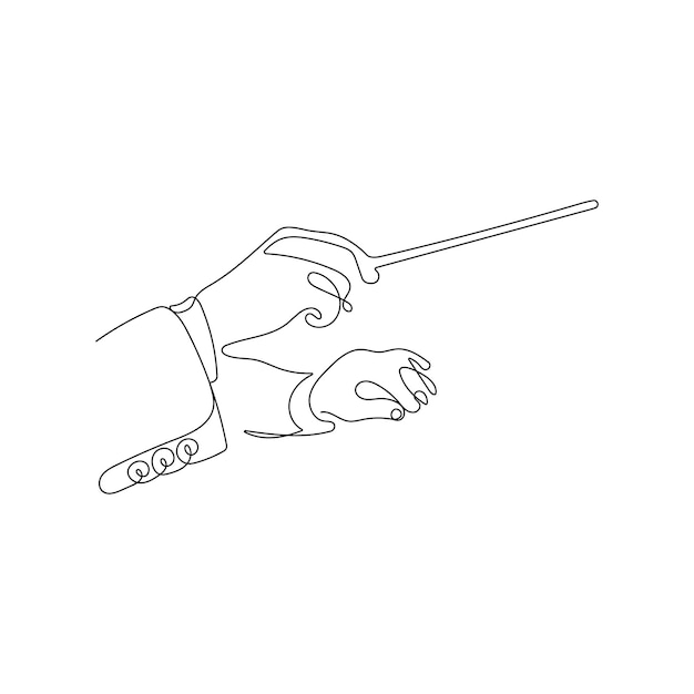 Hands with a conductors baton. Classical music leader in continuous one line drawing style.