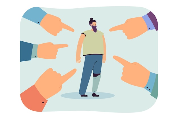 Hands with index fingers pointing at man with artificial leg. Person living with disability in society flat vector illustration. Disability people concept for banner, website design, landing web page